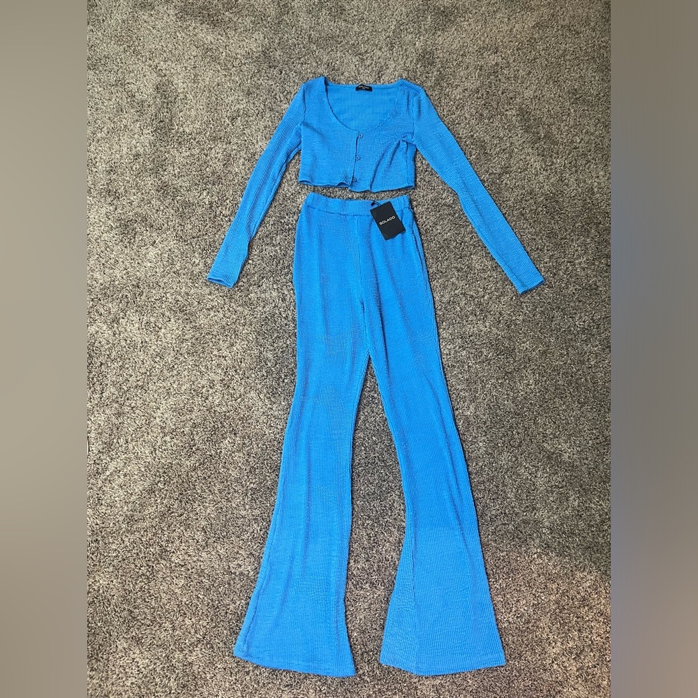 NWT Women’s Solado Blue 2 Piece Flared Pants & Long Sleeve‎ XS Waffle Fabric